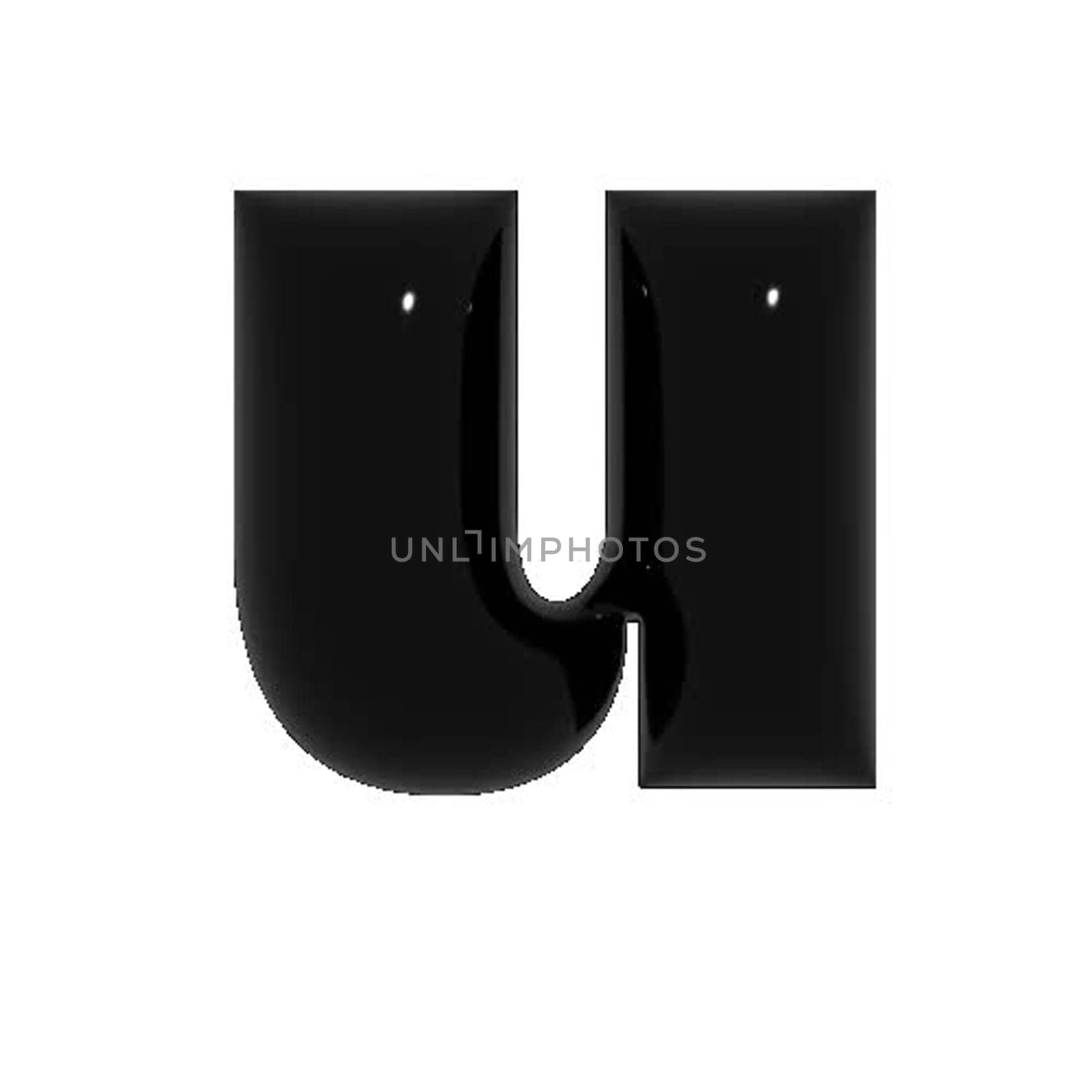 Black shiny metal shiny reflective letter U 3D illustration