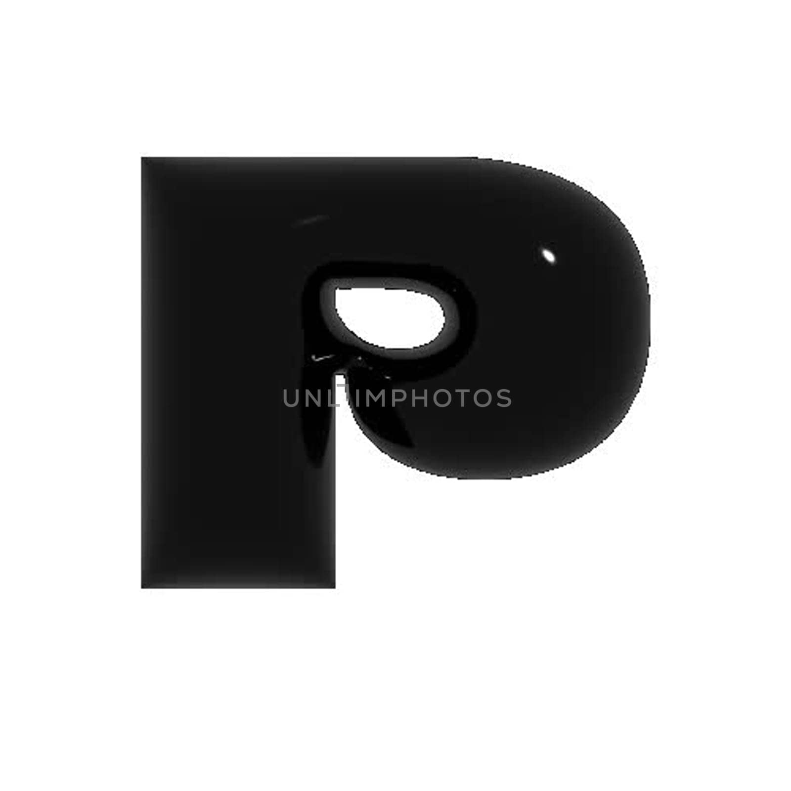 Black shiny metal shiny reflective letter P 3D illustration