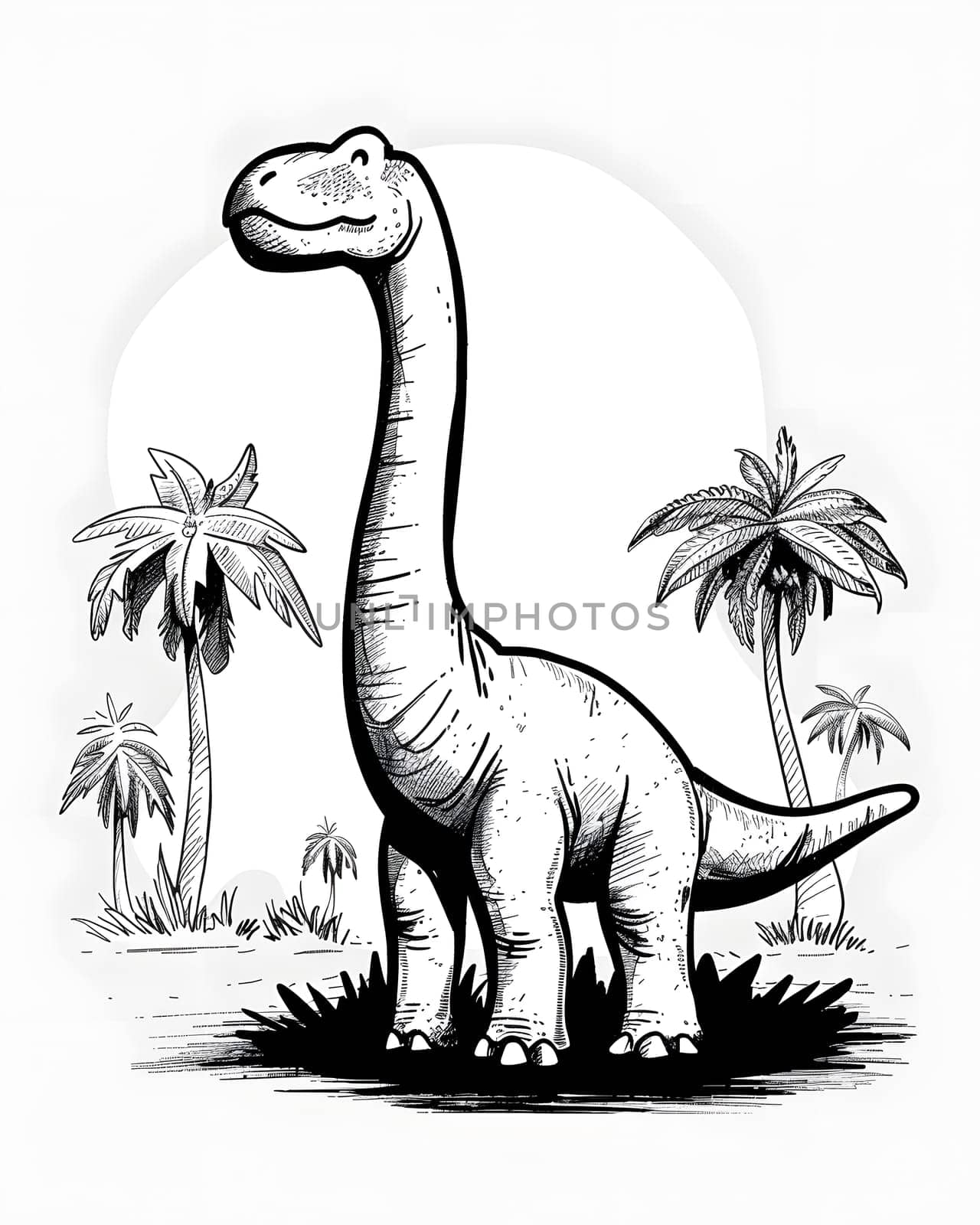A cartoon drawing of a dinosaur surrounded by palm trees, showcasing the ancient nature of vertebrate organisms before their extinction