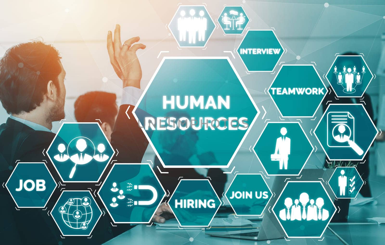 Human Resources Recruitment and People Networking Concept. Modern graphic interface showing professional employee hiring and headhunter seeking interview candidate for future manpower. uds