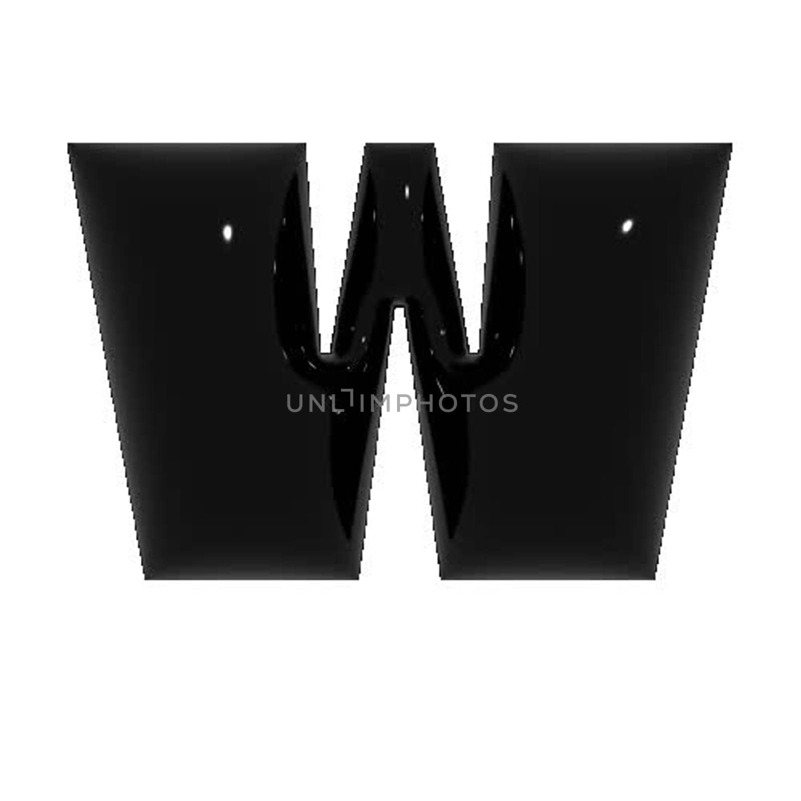 Black shiny metal shiny reflective letter W 3D illustration