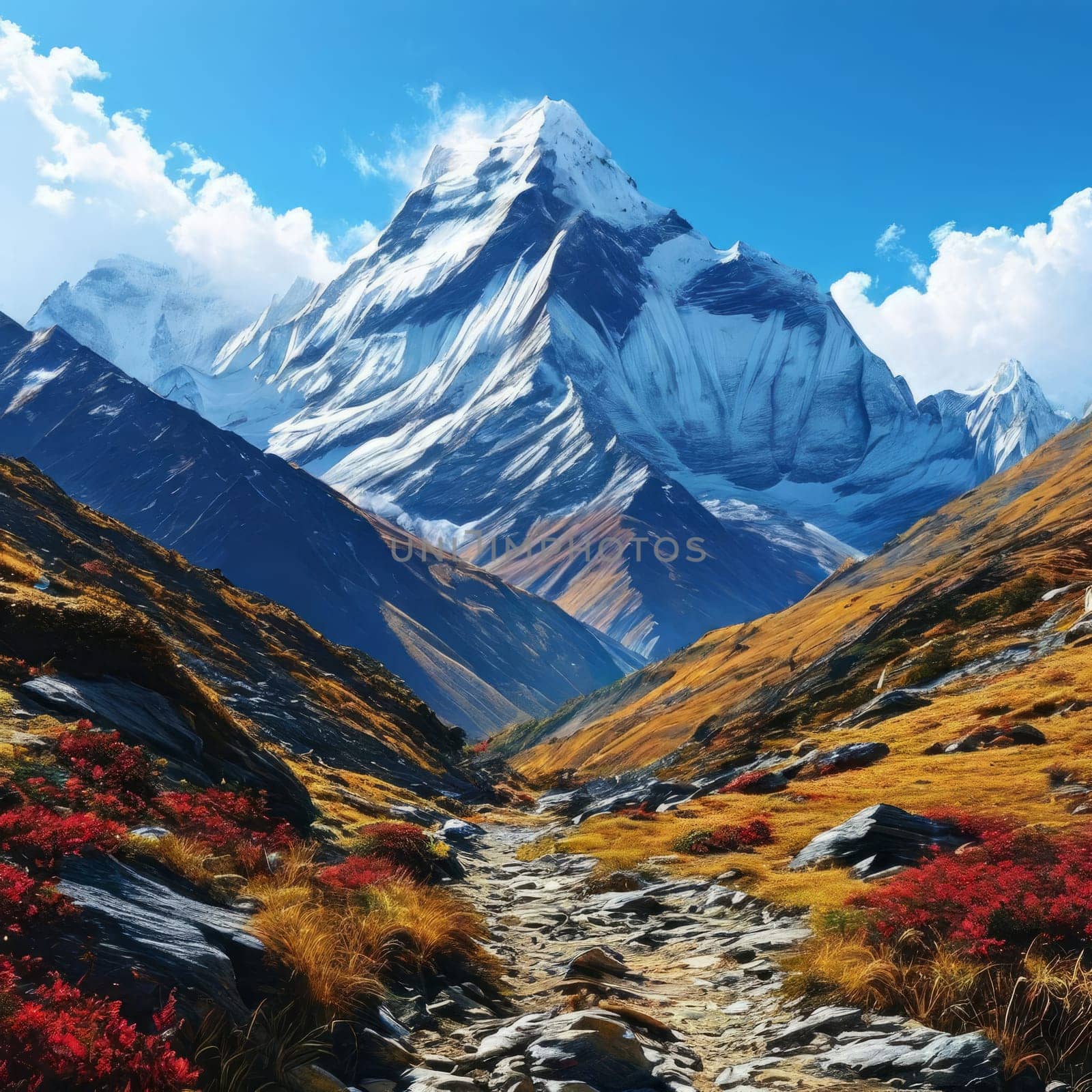Scenic Nepal mountain road winding through majestic peaks in background. Decorative piece in home, offices to evoke sense of tranquility, natural beauty. Printed on merchandise like tshirt, mug, logo