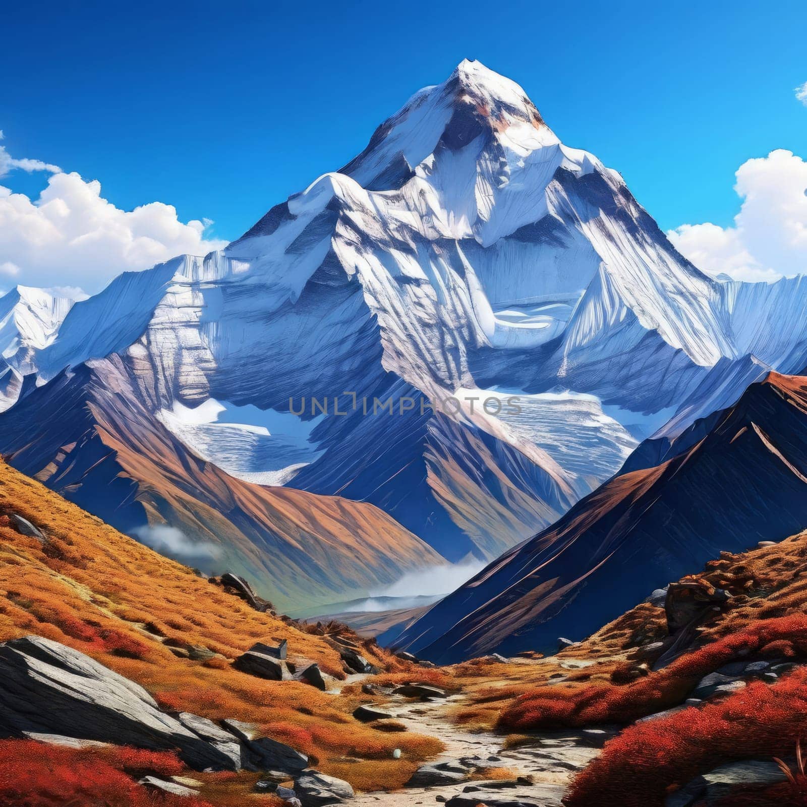 Scenic Nepal mountain road winding through majestic peaks in background. Various contexts such as art galleries, nature themed publications, educational materials on geography, inspirational posters