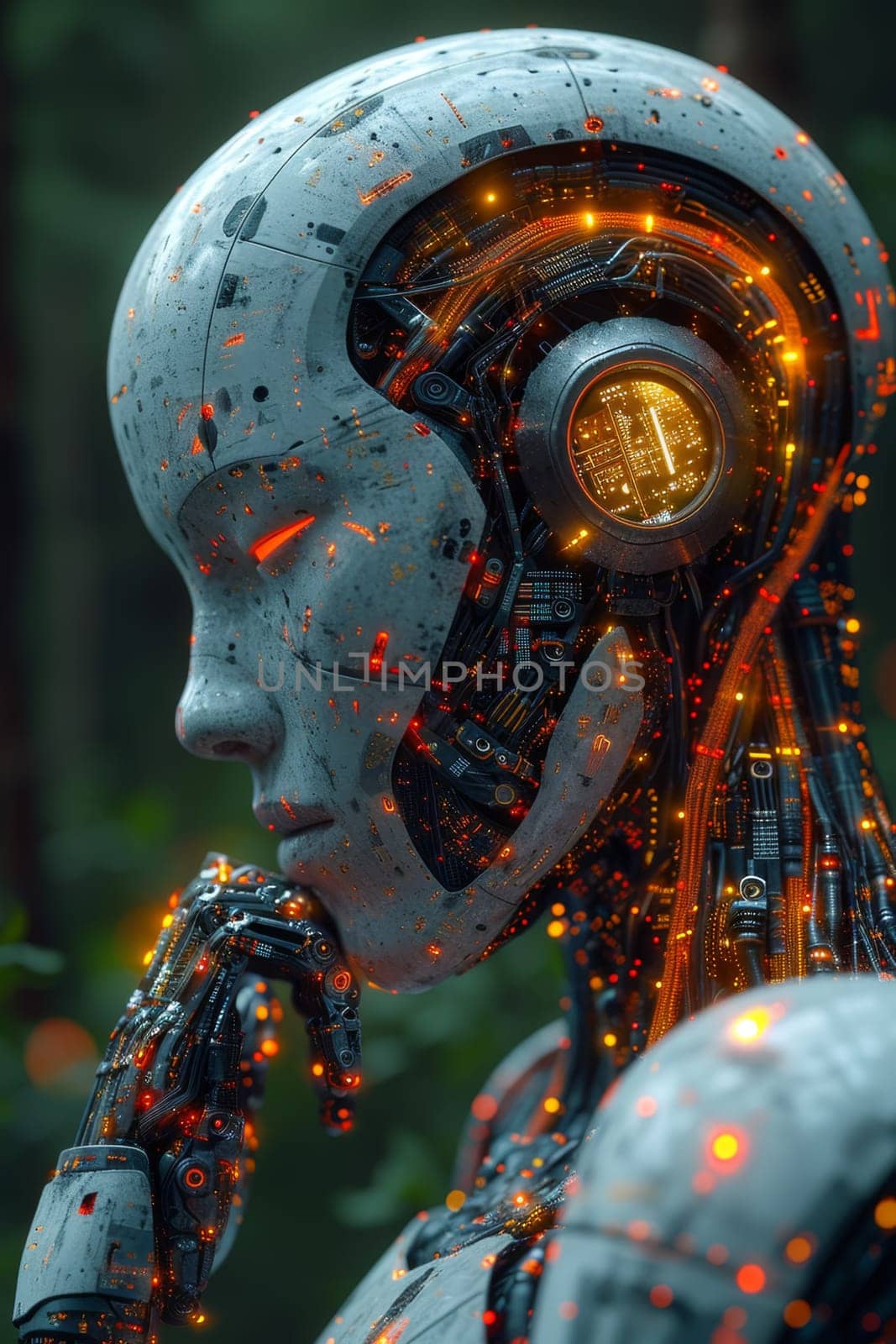 An image of the head of a female robot. The concept of the future. 3d illustration by Lobachad