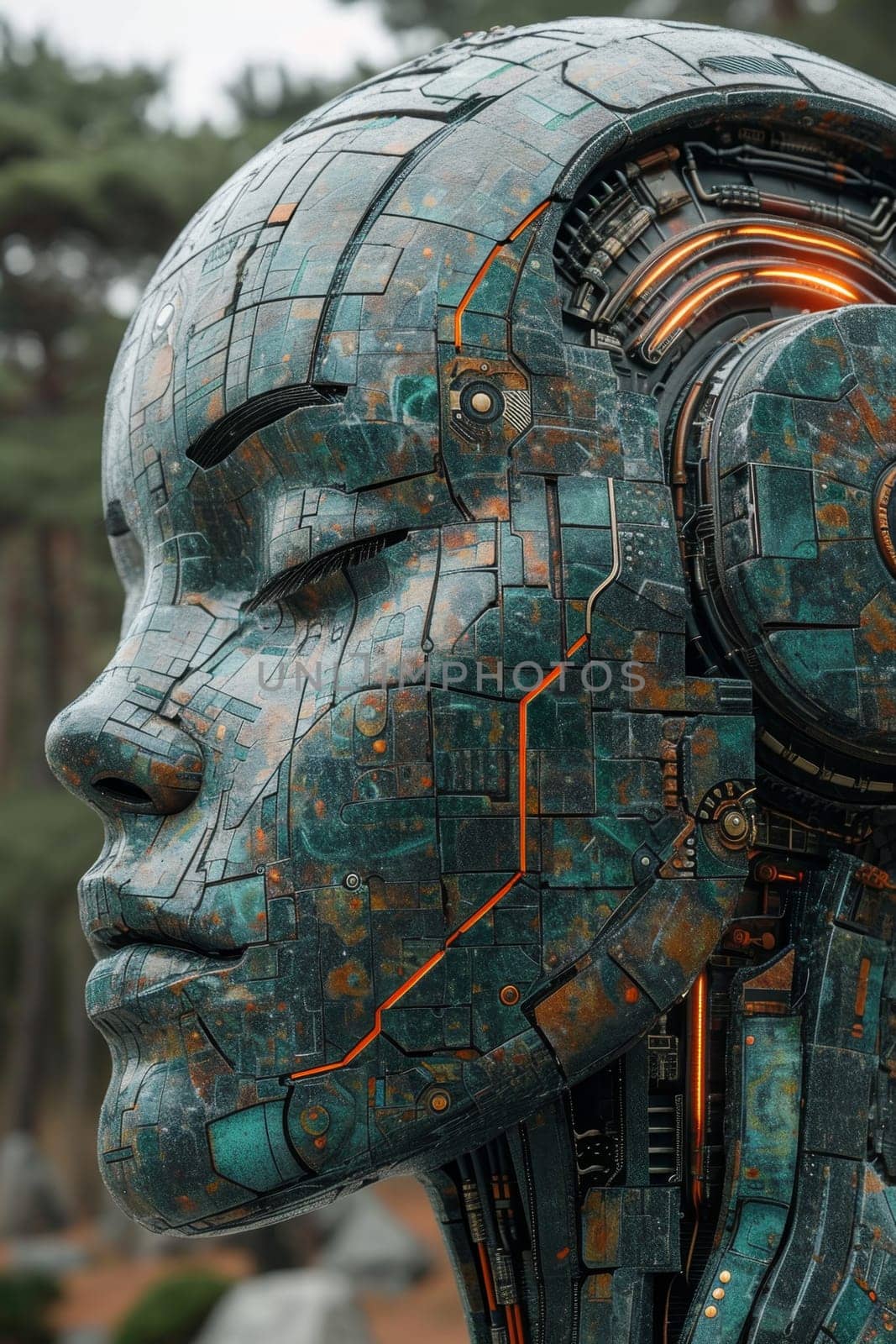 An image of the head of a female robot. The concept of the future. 3d illustration.