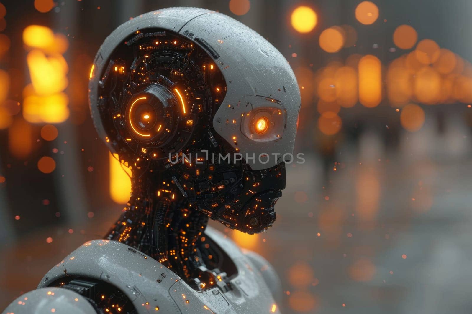 An image of the head of a female robot. The concept of the future. 3d illustration by Lobachad