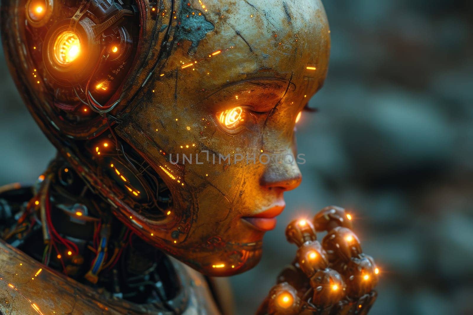 An image of the head of a female robot. The concept of the future. 3d illustration by Lobachad