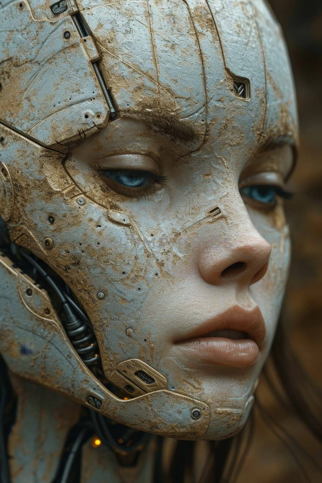 An image of the head of a female robot. The concept of the future. 3d illustration by Lobachad