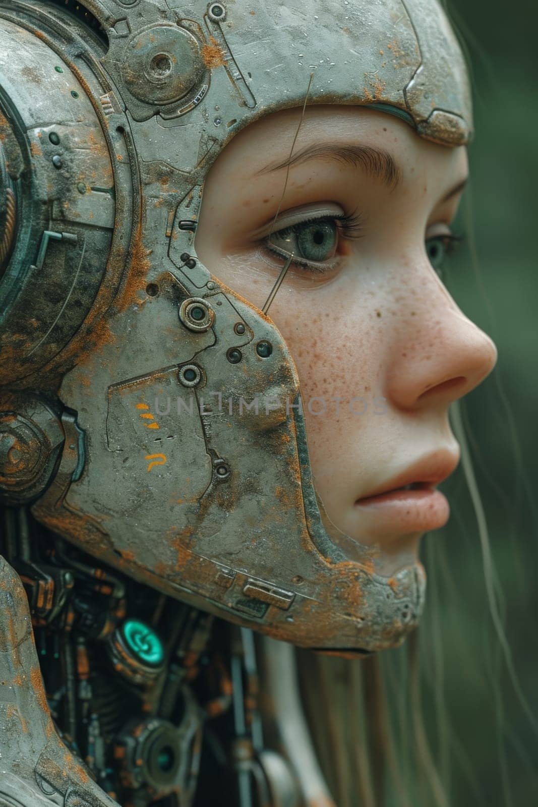 An image of the head of a female robot. The concept of the future. 3d illustration by Lobachad