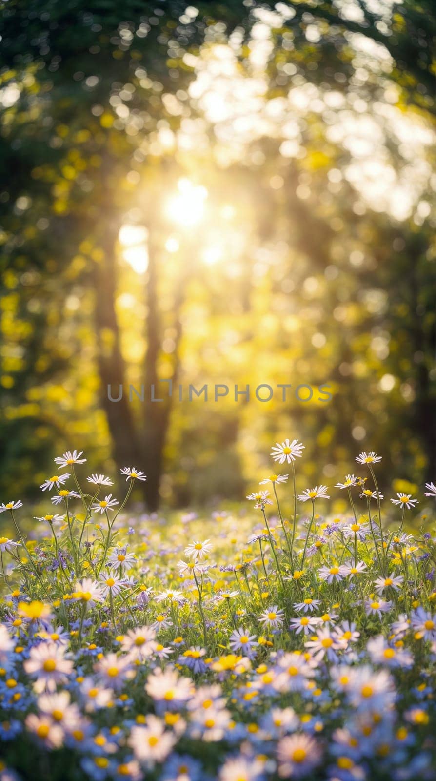 A sunlit field of daisies with rays of sunshine filtering through the trees.