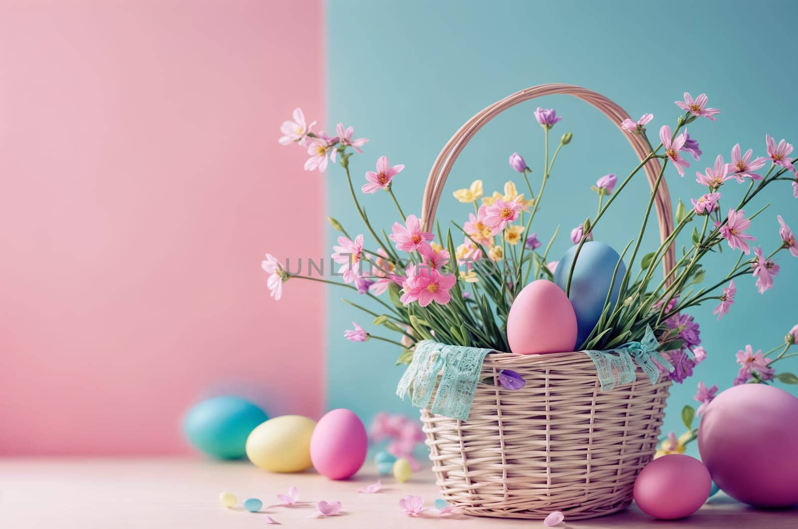 Easter Celebration With Colorful Eggs and Spring Flowers in a Wicker Basket by chrisroll