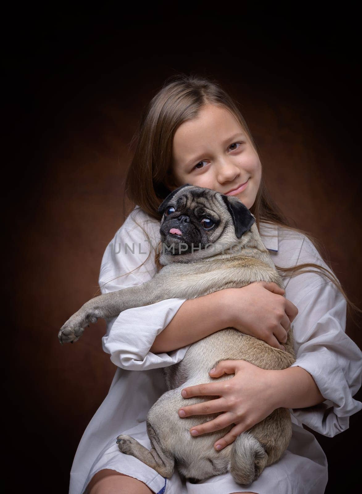 Portrait of a beautiful girl hugging her adorable little pug by Mixa74