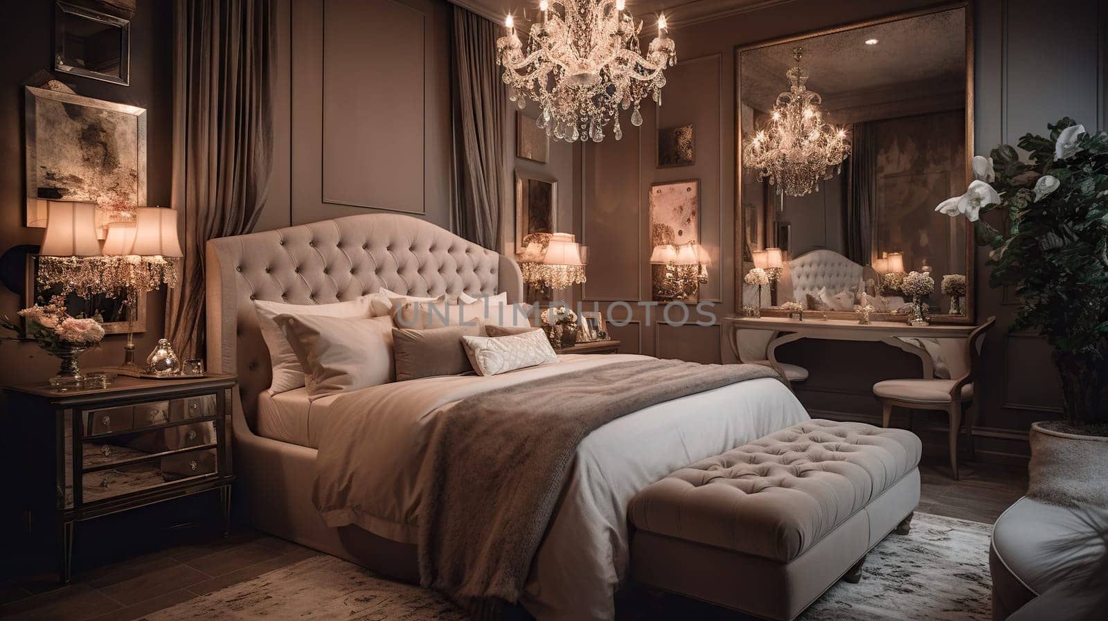 A sumptuously furnished bedroom featuring a plush bed, and vintage decor creating a serene ambiance by chrisroll