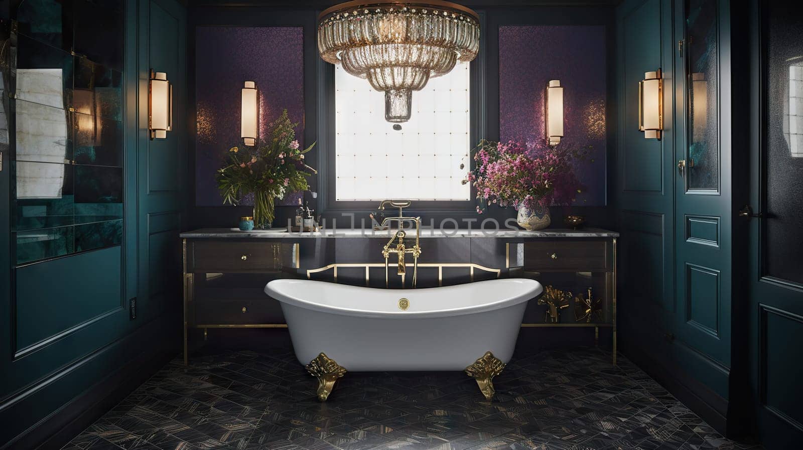 sumptuously designed bathroom combines modern luxury with vintage touches, featuring a freestanding tub by chrisroll