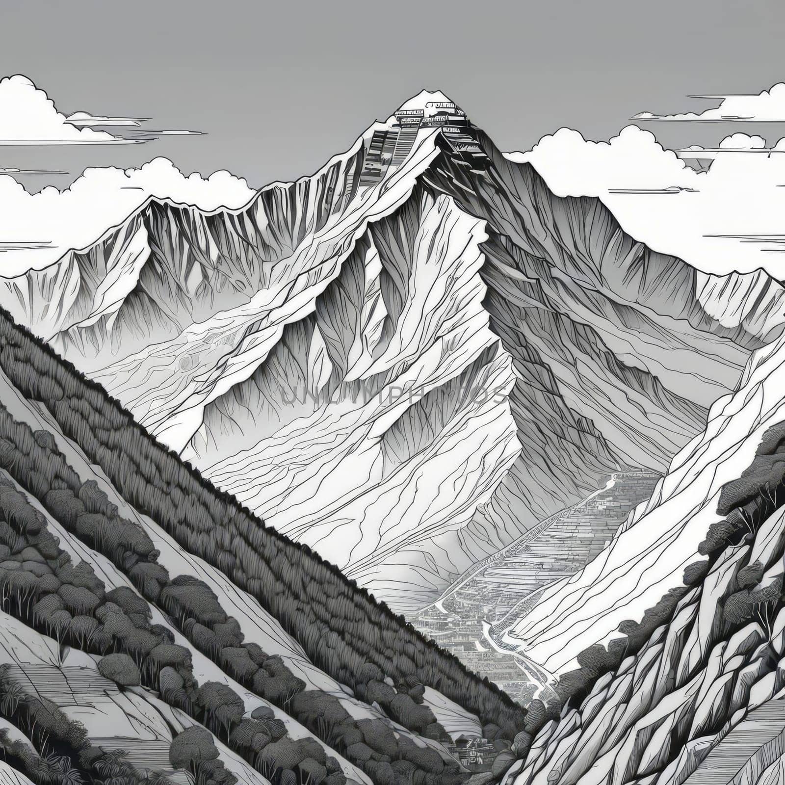 Serene black, white painting capturing majestic Nepal mountains, lush trees in harmonious contrast. Logo design for outdoor adventure travel agency, nature themed website, social media banner, print. by Angelsmoon