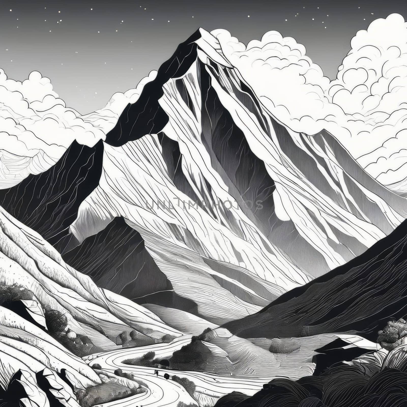 Stunning black, white drawing of majestic mountain range. Nature themed publications, website, travel brochure, meditation app, even as decorative piece in home, offices to evoke sense of tranquility. by Angelsmoon