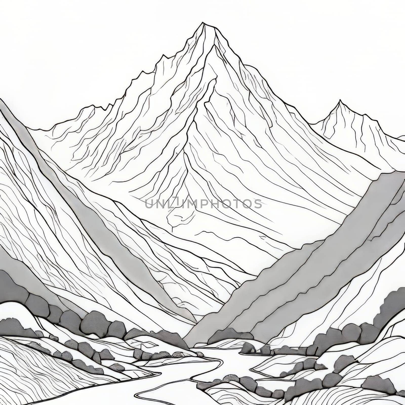 Serene black, white painting capturing majestic Nepal mountains, lush trees in harmonious contrast. Printed on merchandise like tshirts, mug, notebooks for nature lovers, travel brochures, print, logo