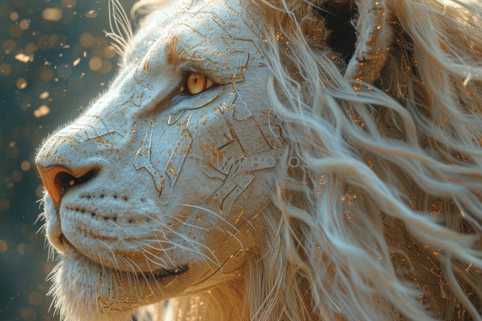 Portrait of a white lion in a field in summer. 3d illustration.