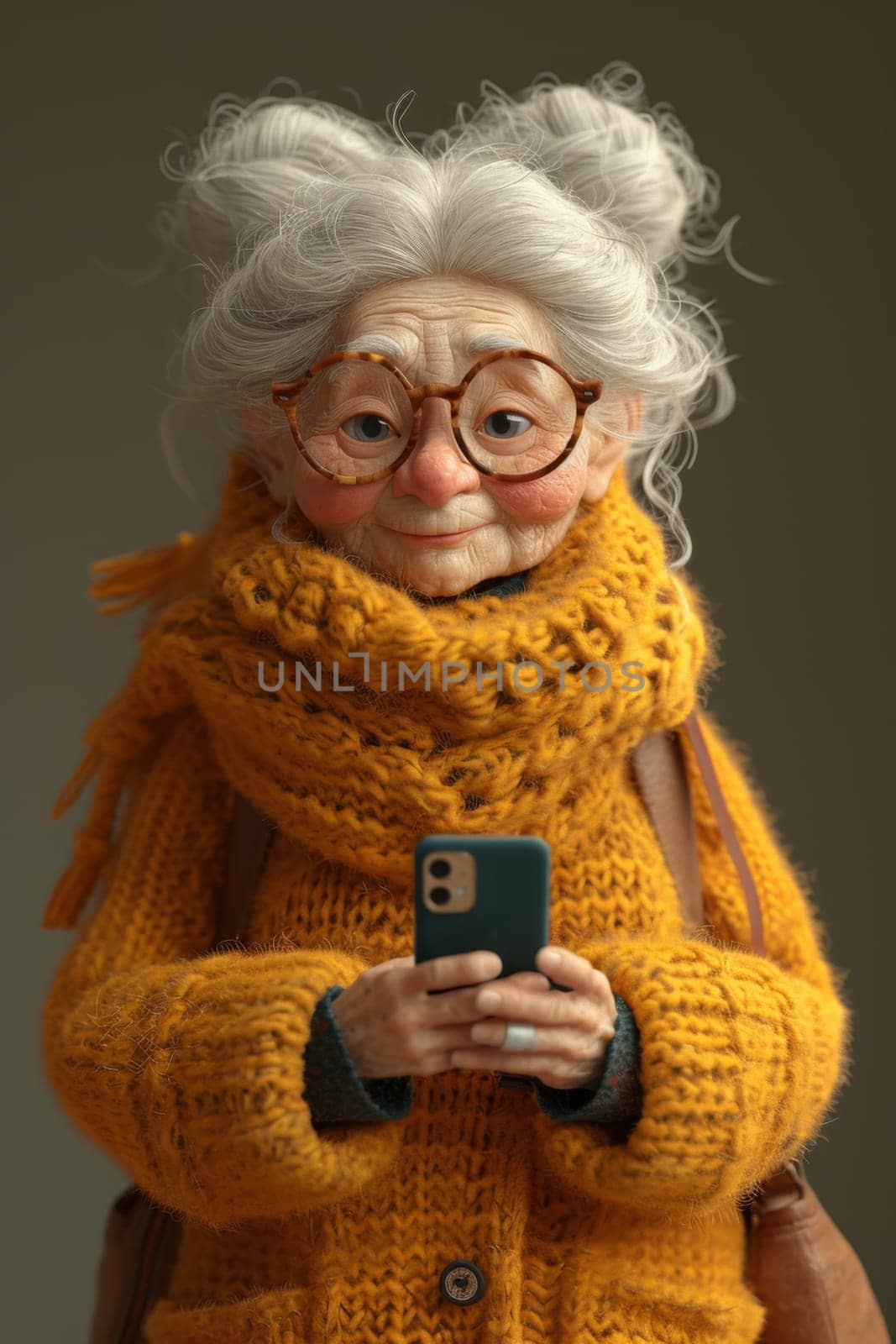 An elderly woman with glasses uses the Internet from her smartphone. 3d illustration.