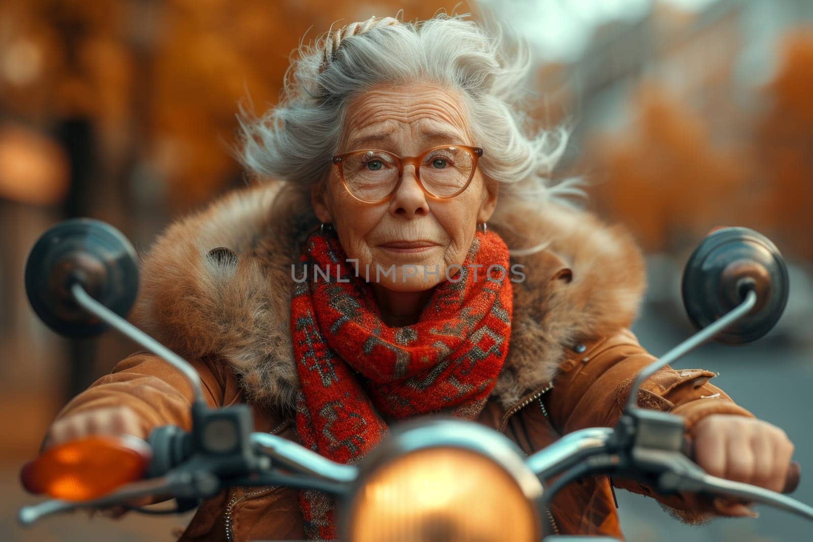 An elderly woman rides around the city on a scooter in the autumn city.