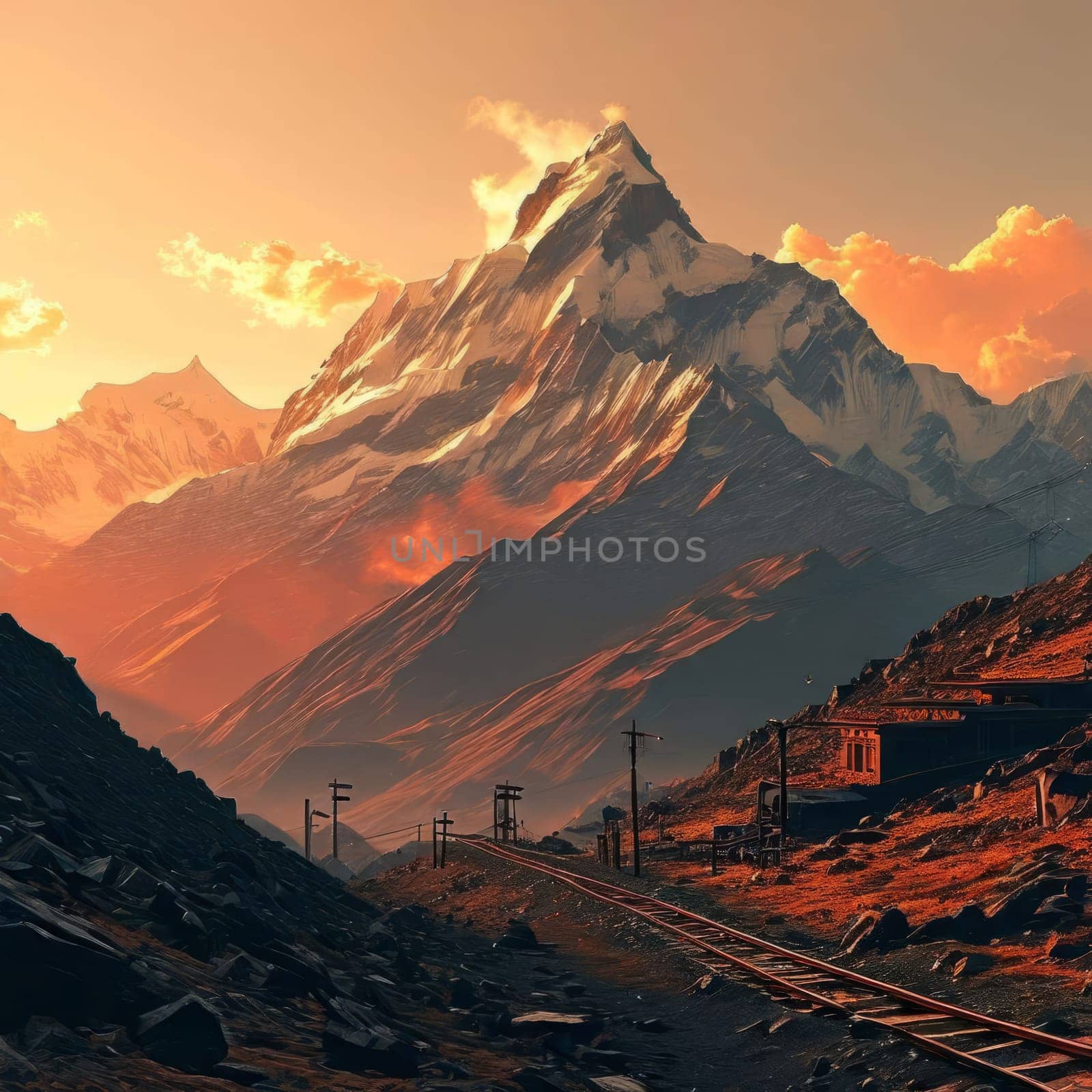 Serene painting capturing majesty of Nepal mountains, trees silhouetted against vibrant sunset. Wall art for home decor, especially in room with calming ambiance, travel brochures, print, logo. by Angelsmoon