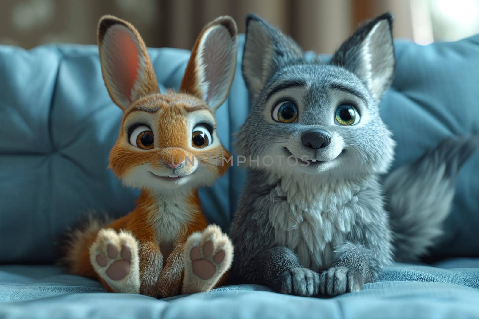 Two cartoon animals are sitting on the couch and looking at the camera. 3d illustration by Lobachad