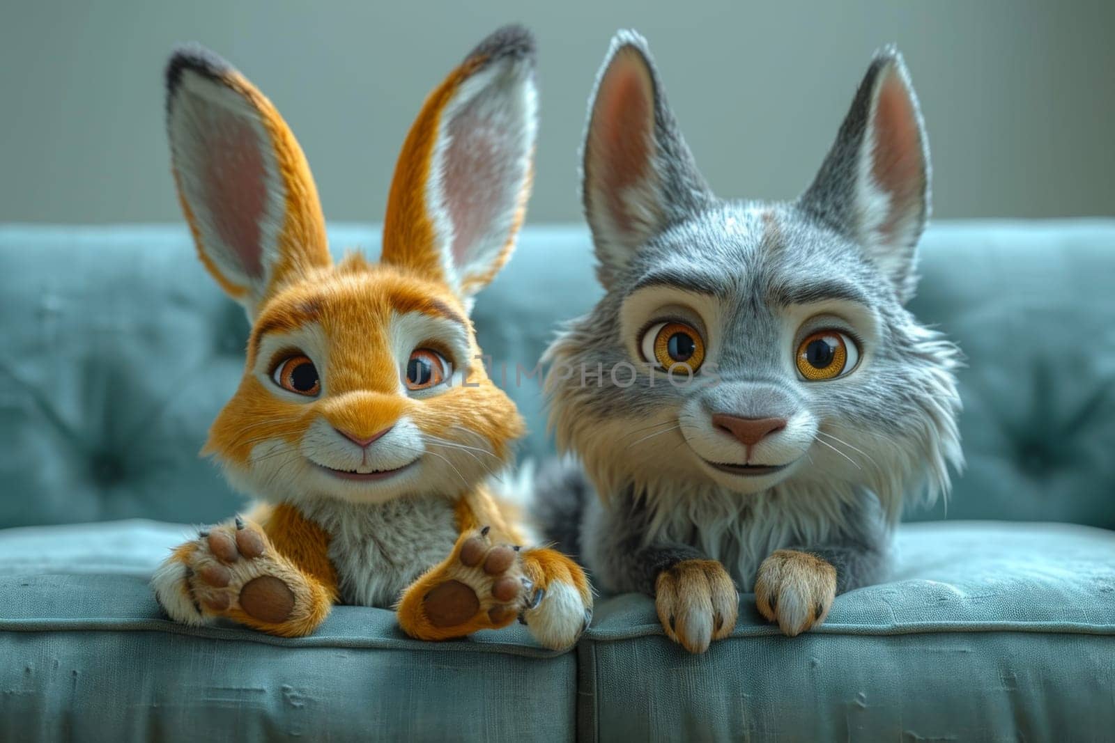 Two cartoon animals are sitting on the couch and looking at the camera. 3d illustration by Lobachad
