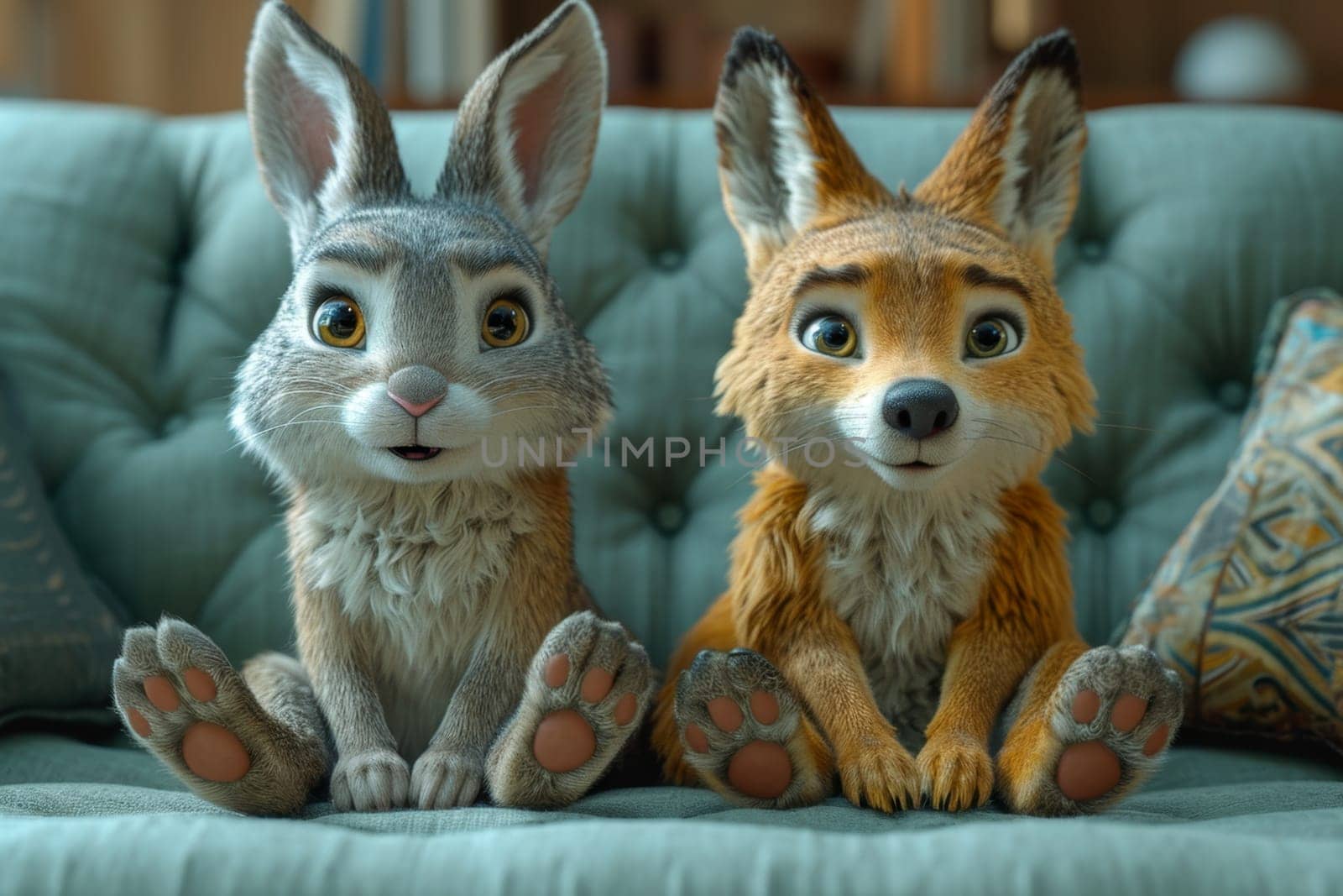 Two cartoon animals are sitting on the couch and looking at the camera. 3d illustration by Lobachad