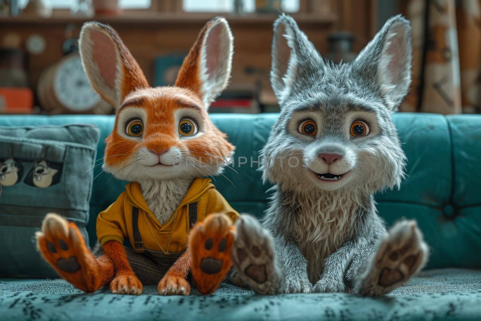 Two cartoon animals are sitting on the couch and looking at the camera. 3d illustration.
