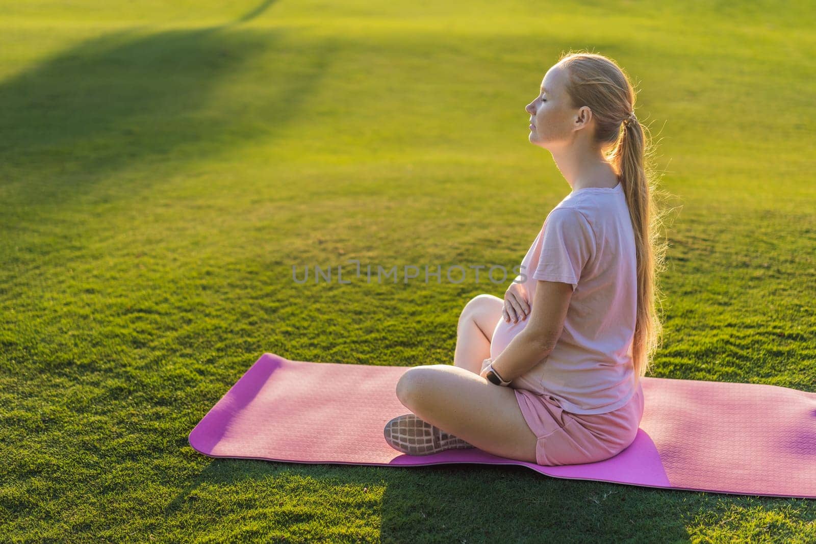 Energetic pregnant woman takes her workout outdoors, using an exercise mat for a refreshing and health-conscious outdoor exercise session by galitskaya