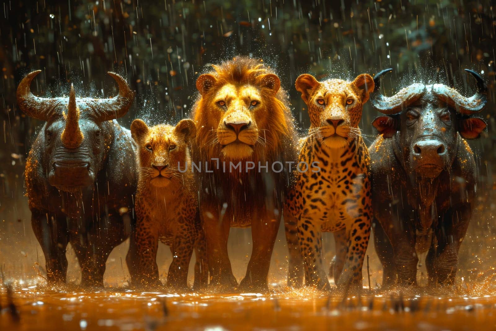 A group of African safari animals gathered together against the background of meadows by Lobachad