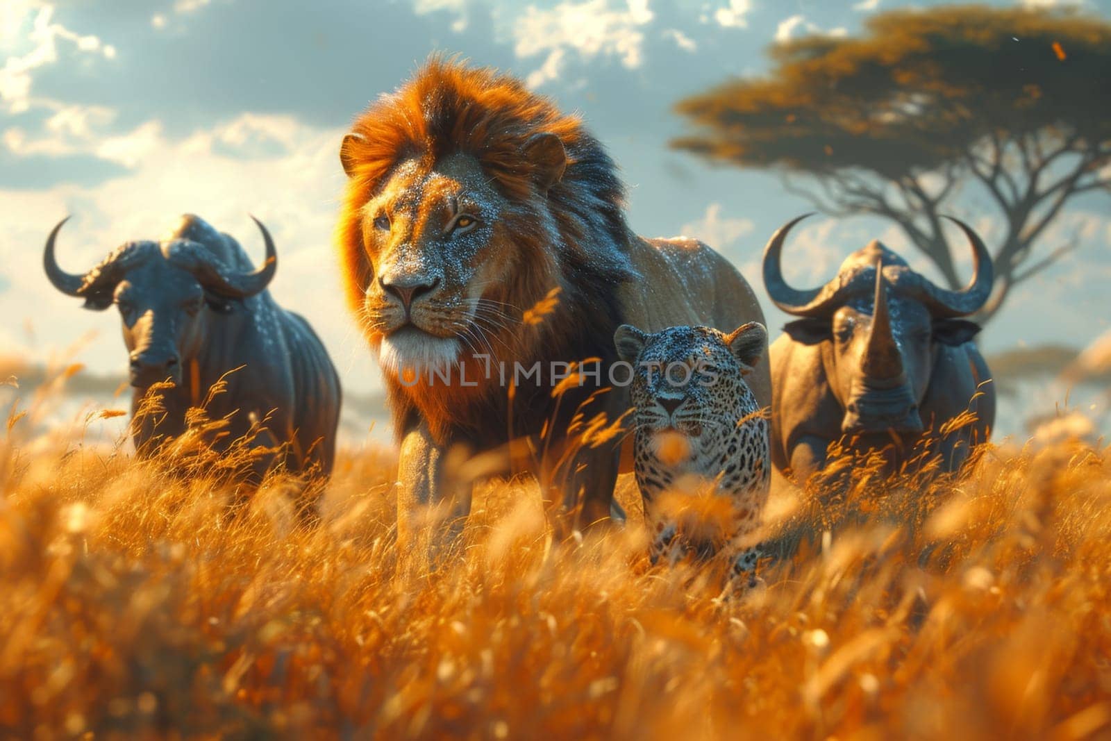 A group of African safari animals gathered together against the background of meadows.