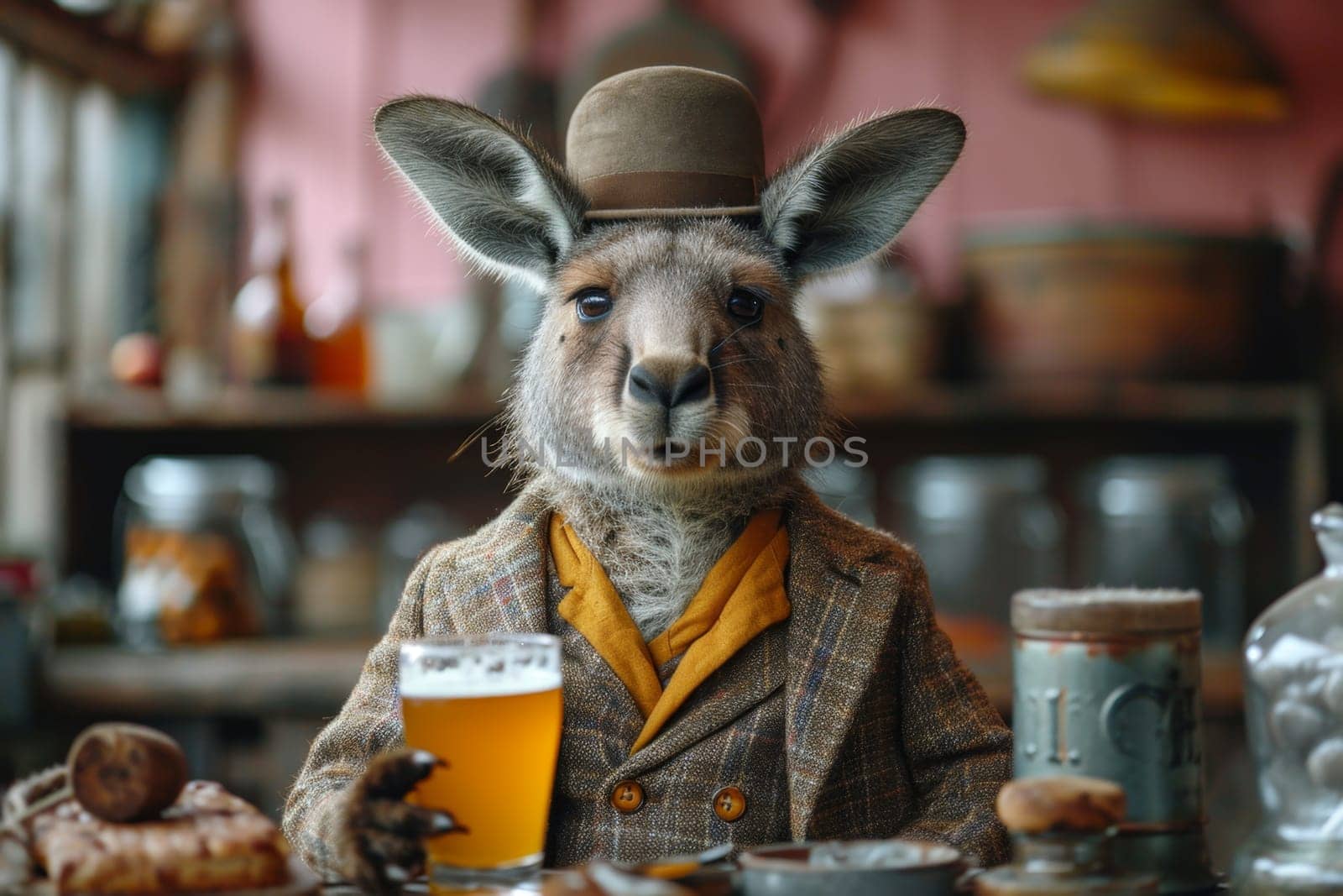 A hare in formal clothes with a glass of foamy beer at a table in the interior. 3d illustration by Lobachad