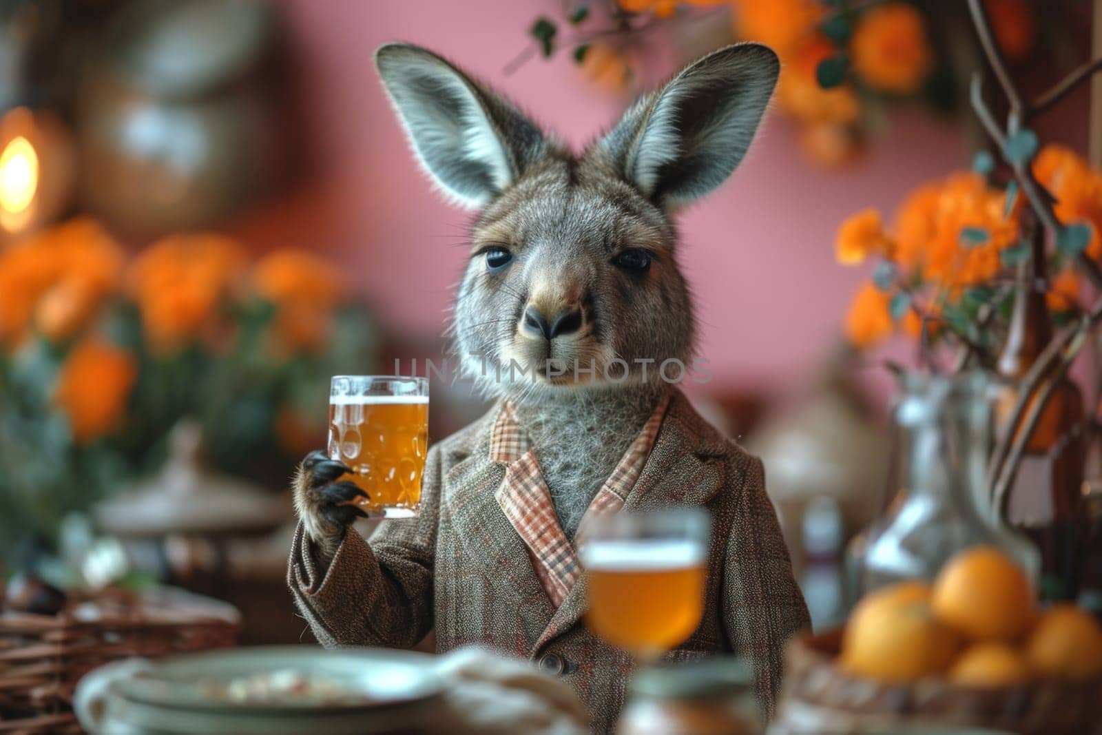 A hare in formal clothes with a glass of foamy beer at a table in the interior. 3d illustration by Lobachad