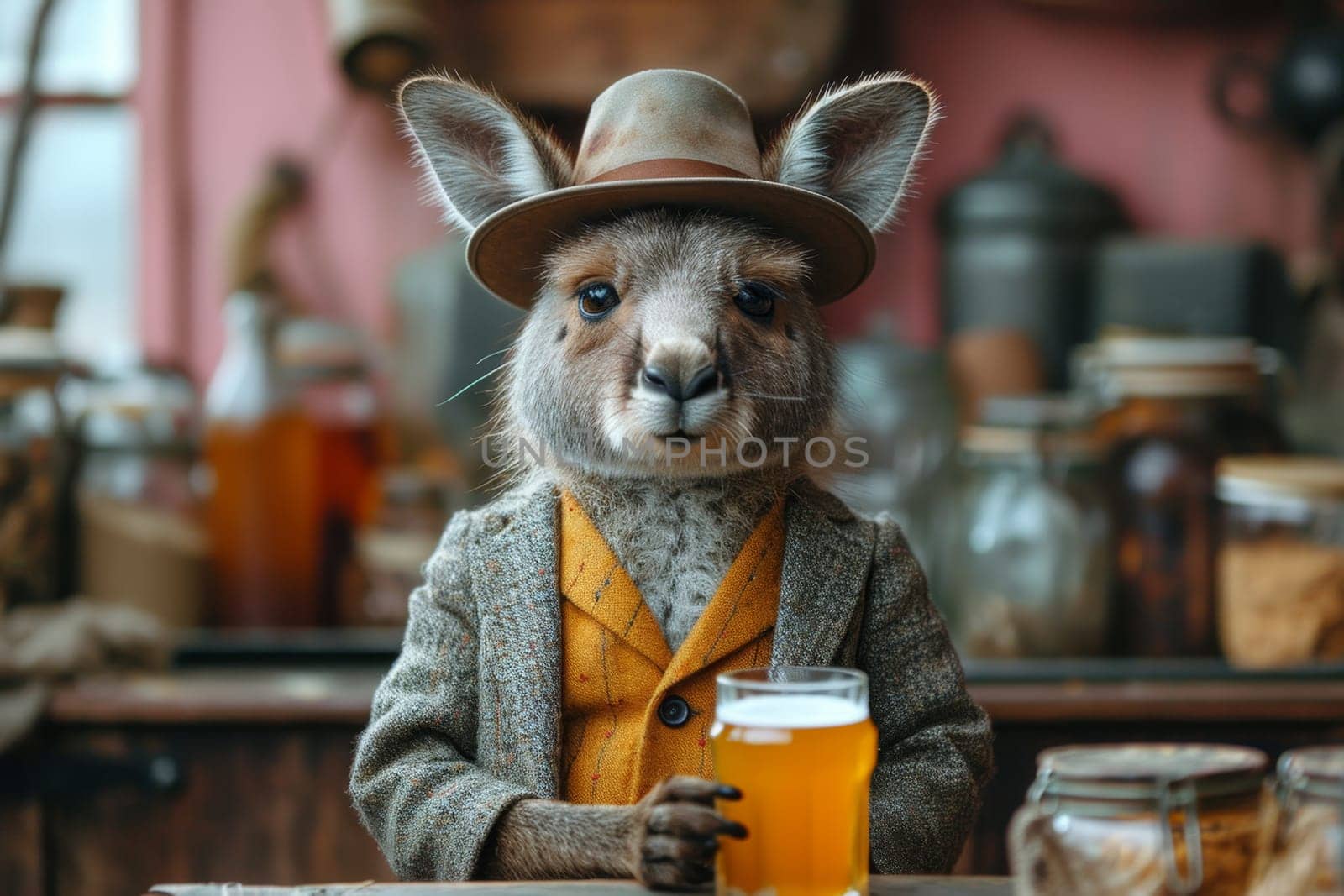 A hare in formal clothes with a glass of foamy beer at a table in the interior. 3d illustration by Lobachad