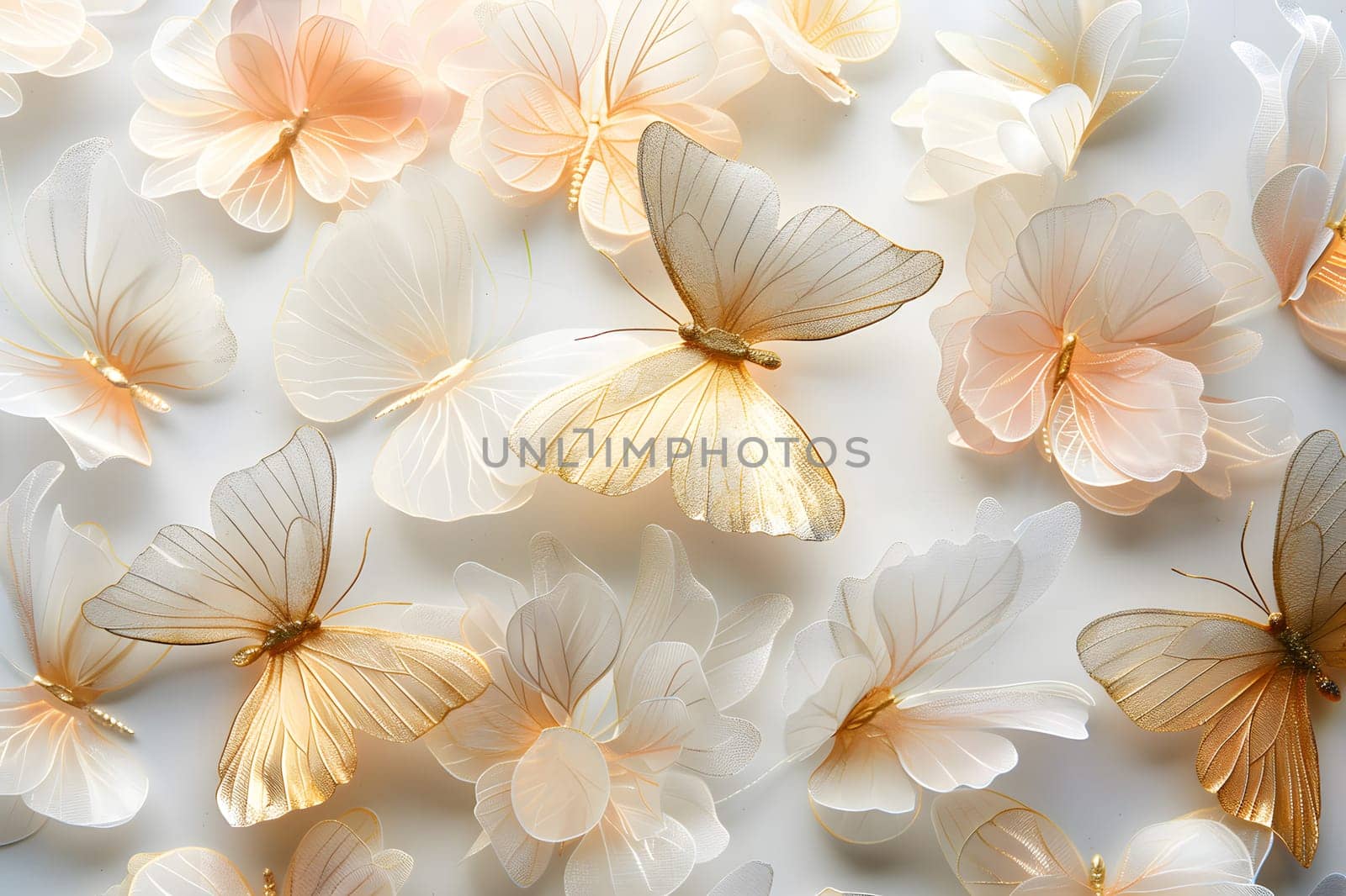 Beautiful orange flowers and butterflies on white. Closeup of natures beauty by Nadtochiy