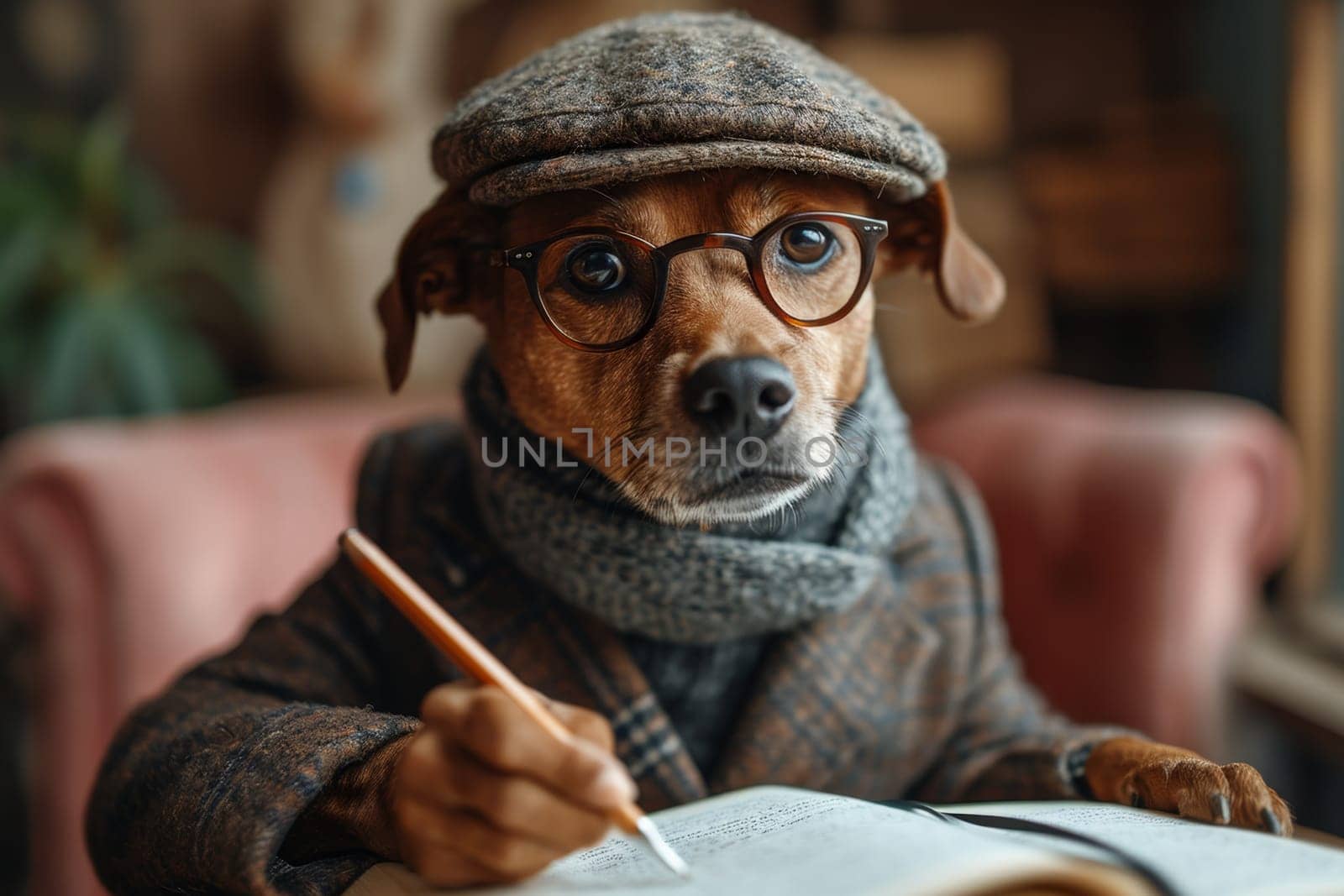 A dog in a hat and clothes reads a letter sitting in the interior by Lobachad