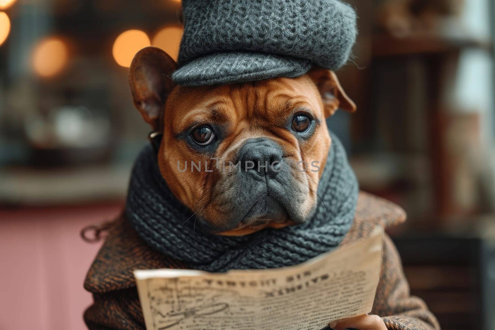 A dog in a hat and clothes reads a letter sitting in the interior.