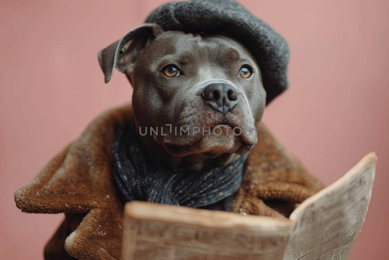 A dog in a hat and clothes reads a letter on a pink background.