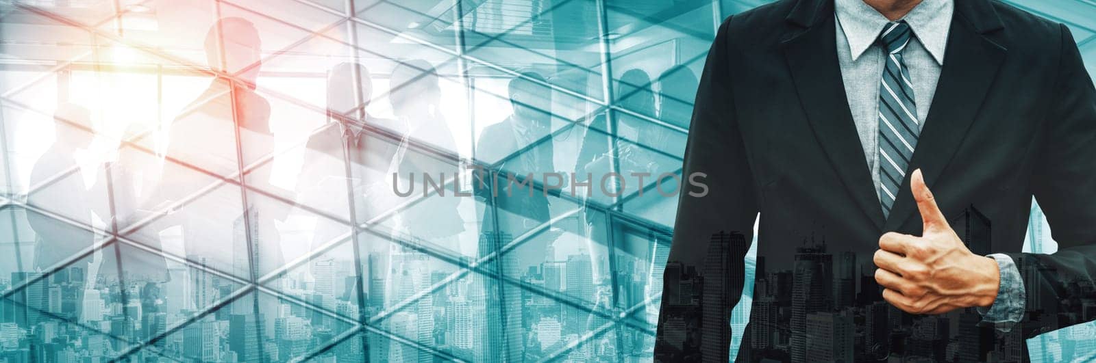 Double Exposure Image of Success Business People on abstract modern city background. Future business and communication technology concept. Surreal futuristic multiple exposure graphic interface. uds