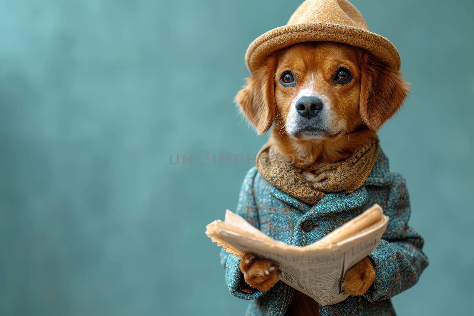A dog in a hat and clothes reads a letter on a blue background.