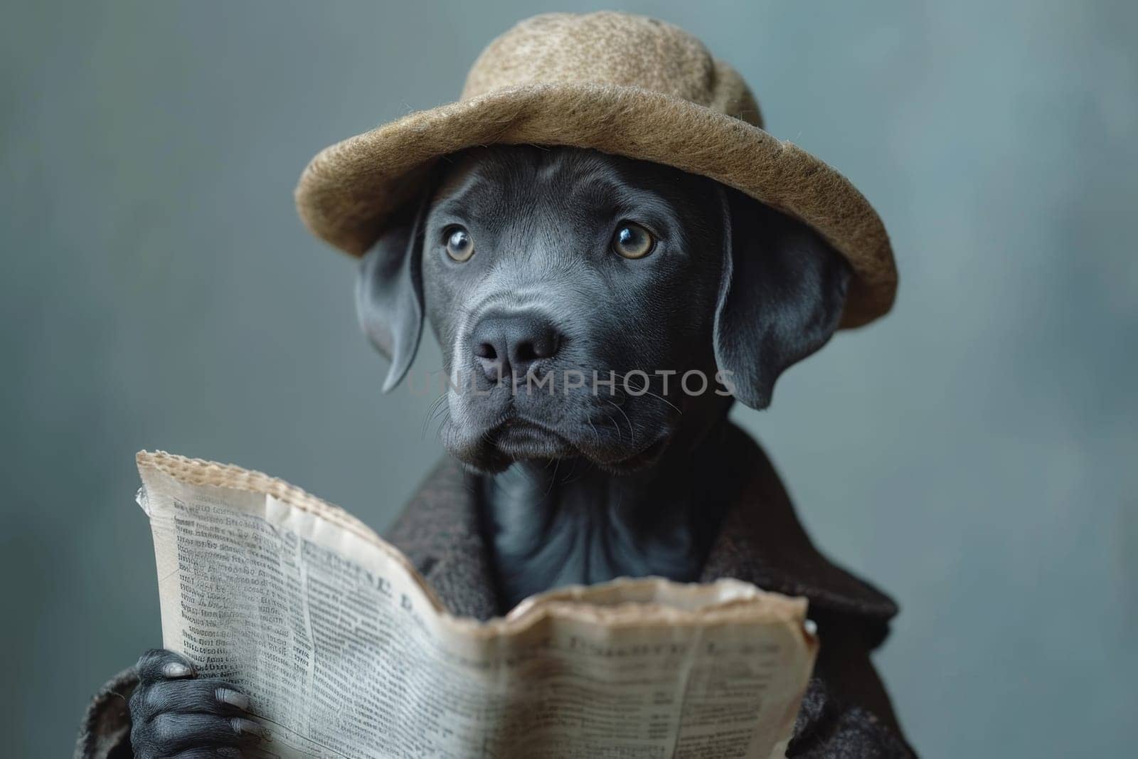 A dog in a hat and clothes reads a letter on a blue background by Lobachad