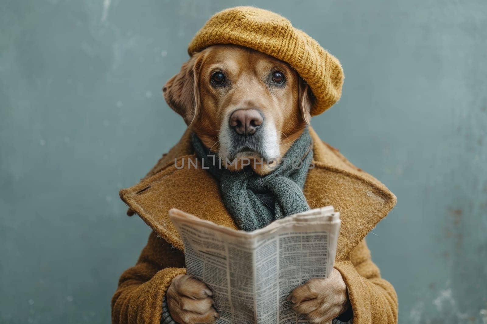 A dog in a hat and clothes reads a letter on a blue background.