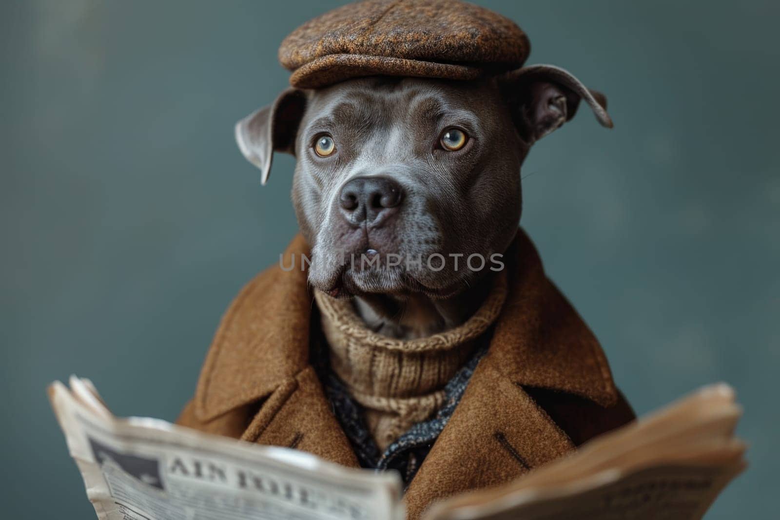 A dog in a hat and clothes reads a letter on a blue background.