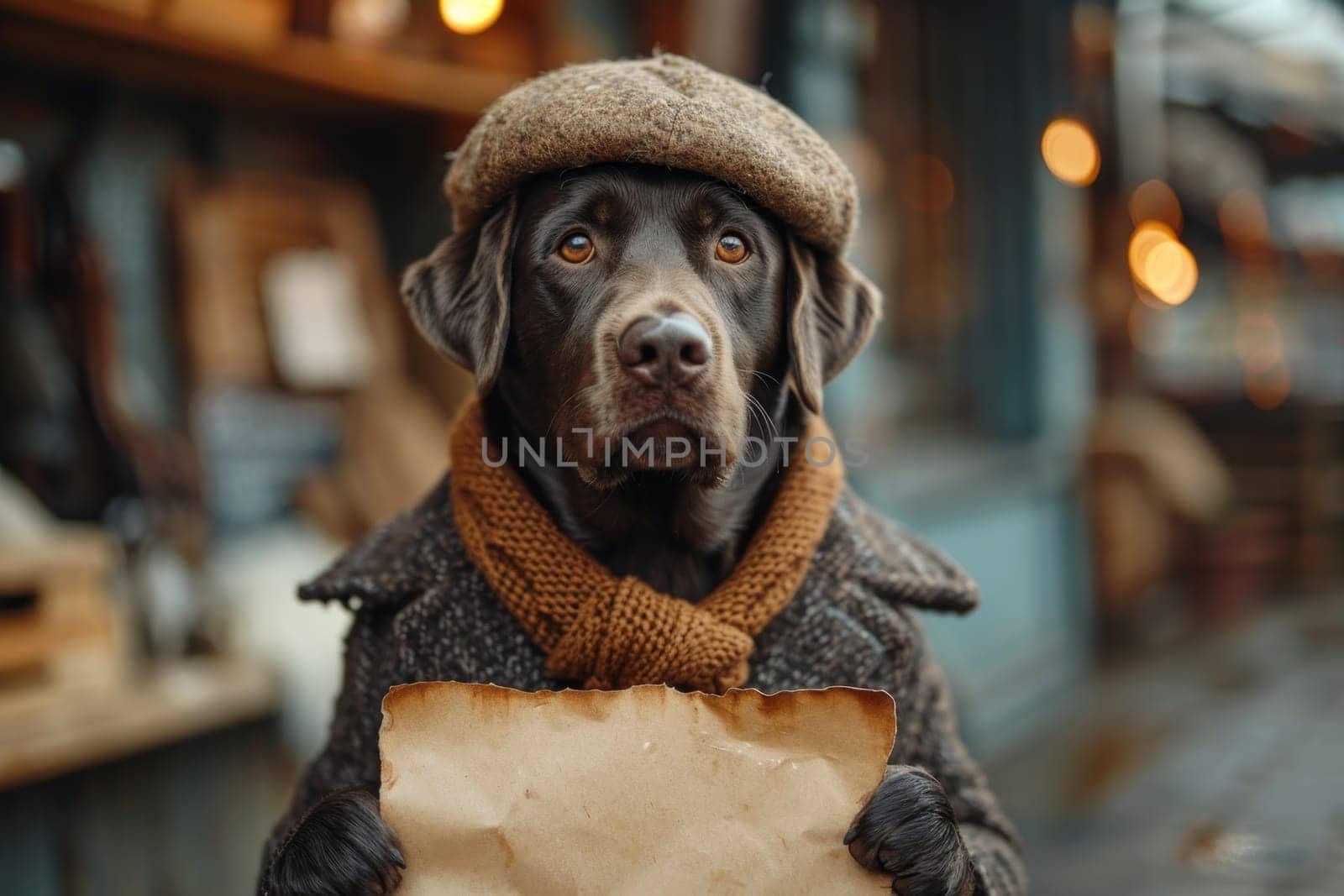 A dog in a hat and clothes reads a letter sitting in the interior.