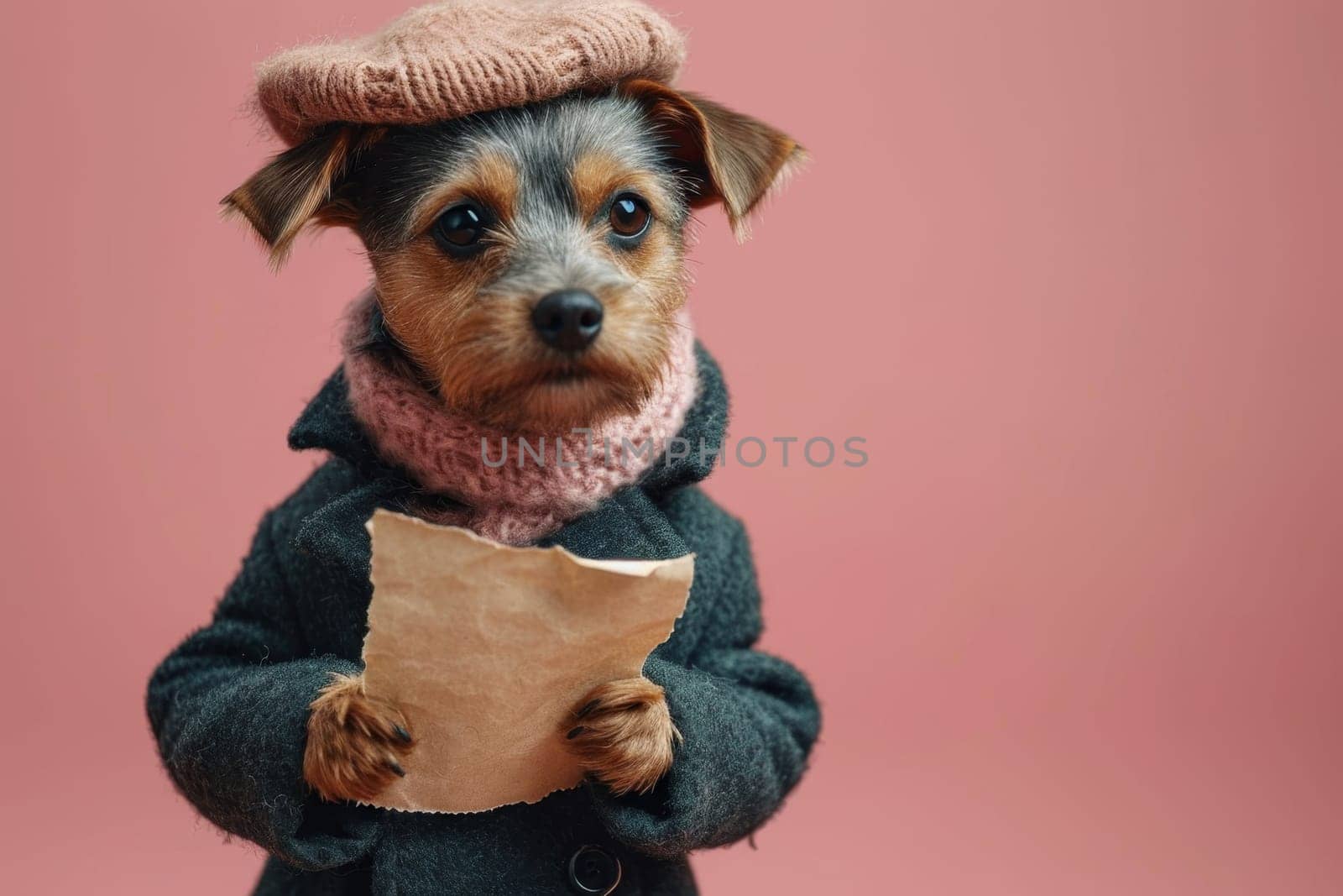 A dog in a hat and clothes reads a letter on a pink background.