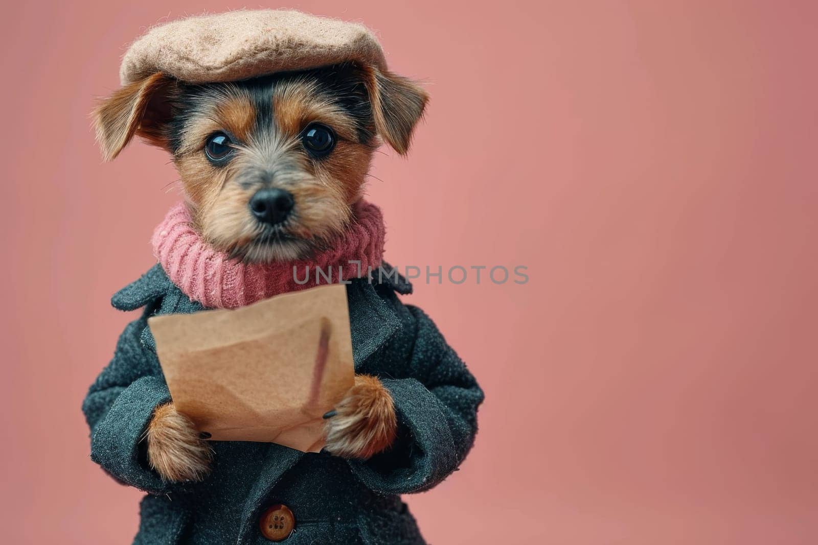 A dog in a hat and clothes reads a letter on a pink background.