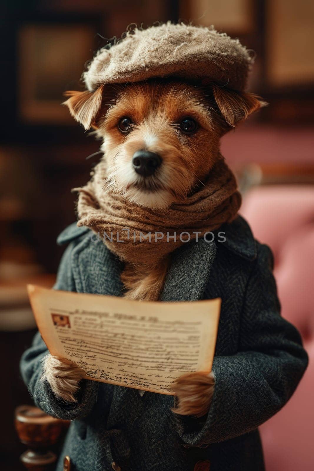 A dog in a hat and clothes reads a letter on a pink background by Lobachad