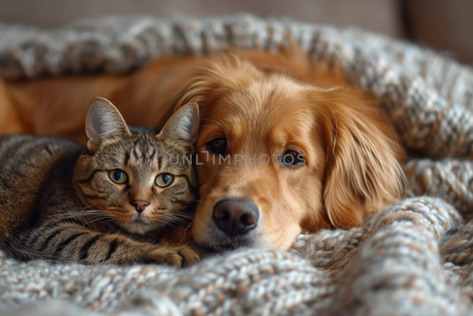 A dog and a cat lie together under a warm blanket at home . Friendship of pets by Lobachad