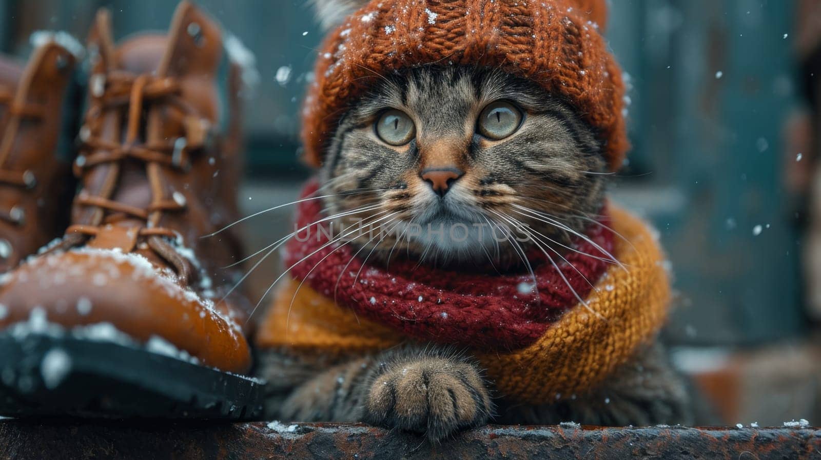 a cat in a winter hat and scarf in the afternoon in winter on the street near the owner's shoes.